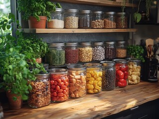 Assorted Food Items Stored in Glass Jars on Wooden Shelves and Countertops with Green Plants