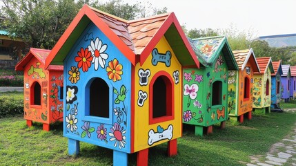 Colorful and Artistic Dog Houses in a Pet-Friendly Environment