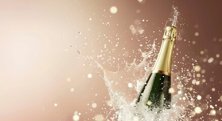 Fototapeta premium A champagne bottle popping on a sparkling background, with blank space for customized content, luxurious celebration for festival.