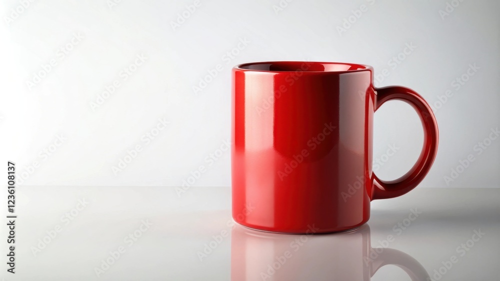 Aufkleber a single red ceramic mug with a handle sits on a white surface, reflecting light in a minimalist sty