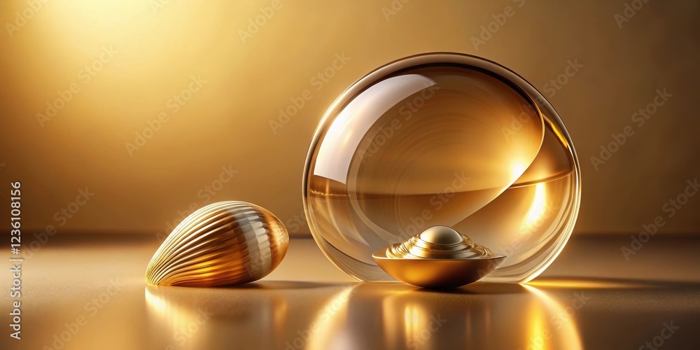 Aufkleber Reflective Golden Orb Encasing a Small Golden Shell on a Smooth Surface