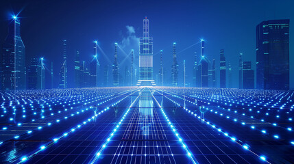 Fototapeta premium Symmetrical composition of modular space solar array forming fractal pattern over futuristic metropolis, crystalline energy beams converging on central receiving tower with plasma glow effects, monoch