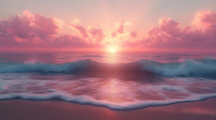Obraz premium Pink sunset ocean waves beach calm sunrise landscape