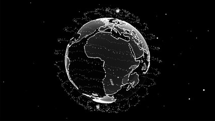 Virtual security black planet Earth managing ai. Abstract network connection on digital background. Vector technology processing data in galaxy. Futuristic 3D wireframe sphere. Globe polygon.