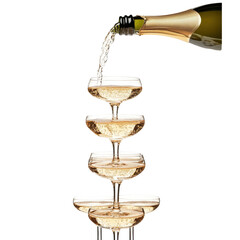 A tower of champagne coupes being filled with sparkling wine.