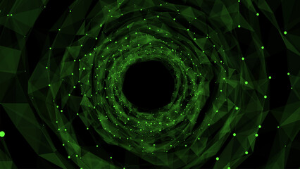 Futuristic vector sci-fi circle portal in space. 3D green ai tunnel with dots and lines. Abstract digital wormhole data. Flow particle by funnel. Fantasy circle vortex on dark background.