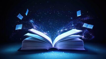 Open Book with Glowing Blue Particles and Dark Background