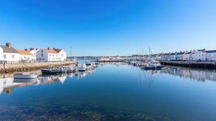 Obraz premium Calm harbor, white houses, boats reflecting, sunny day, travel postcard