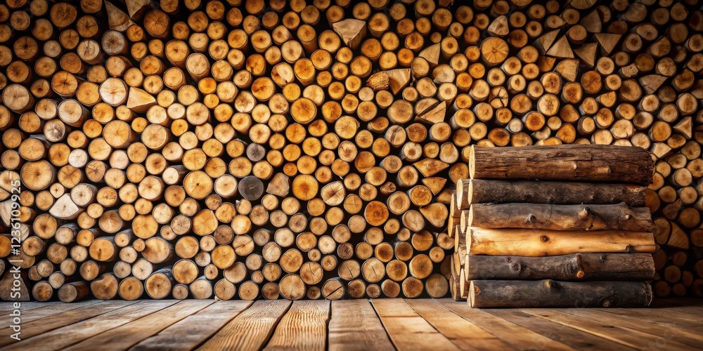 Poster a rustic wooden background featuring a stack of logs in the foreground, with a wall of stacked wood 