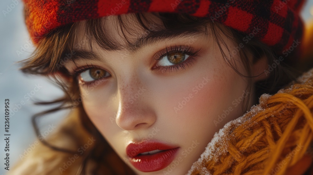 Poster a close-up portrait of a woman with a bold red hat, suitable for use in editorial or commercial cont