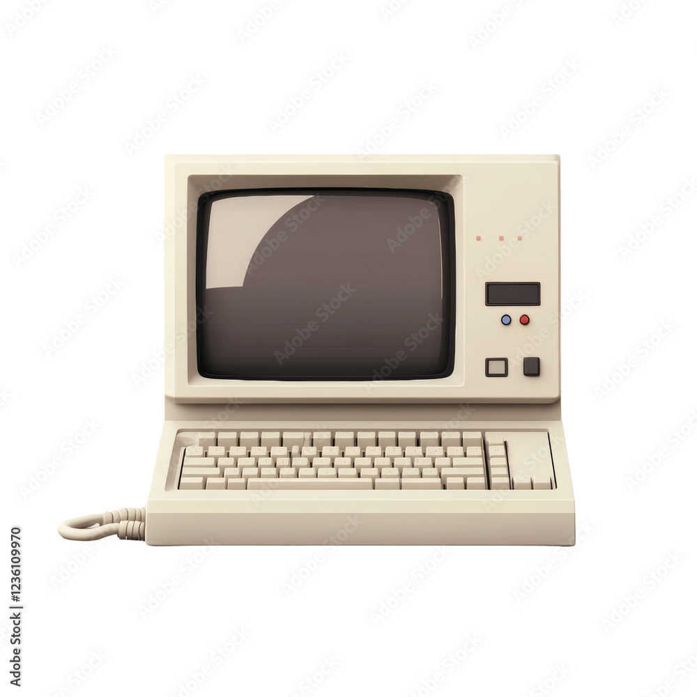 Poster A retro beige desktop computer with an integrated keyboard is shown against a black background.  The computer appears to be from the 1980s.