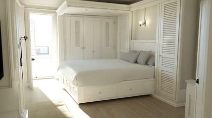 Fototapeta premium Convertible furniture in a bright, modern apartment, maximizing space for both work and relaxation.
