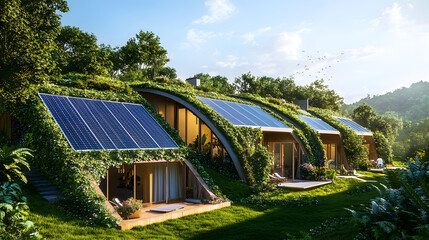 Obraz premium A sustainable living space with solar panels and green roofs, featuring eco-friendly materials and energy-saving technologies for a greener future.