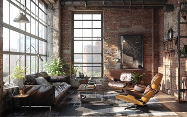 Industrial loft living room with raw brick walls, metal-framed windows, and a mix of leather and metal furniture for an urban aesthetic