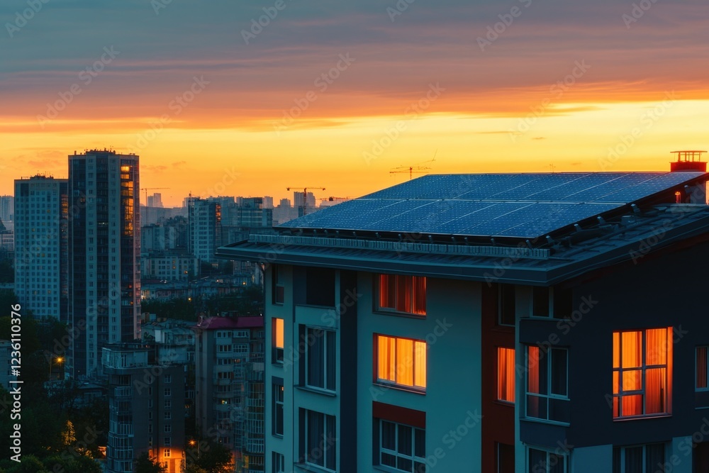 Poster A modern building with a solar panel installed on its rooftop, ideal for use in environmental or technology-related contexts