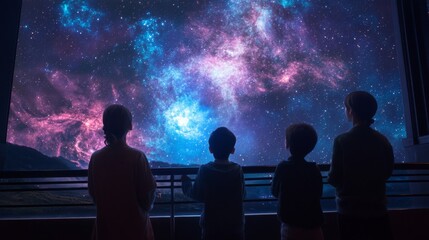 Naklejka premium Children Silhouetted Against a Vibrant Night Sky Filled with Stars