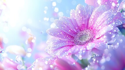 Obraz premium Dew-kissed pink gerbera daisy, spring bloom, garden background, for greeting cards