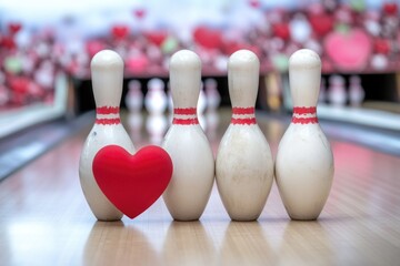 A small red heart sits atop a bowling ball, symbolizing love and passion for the game