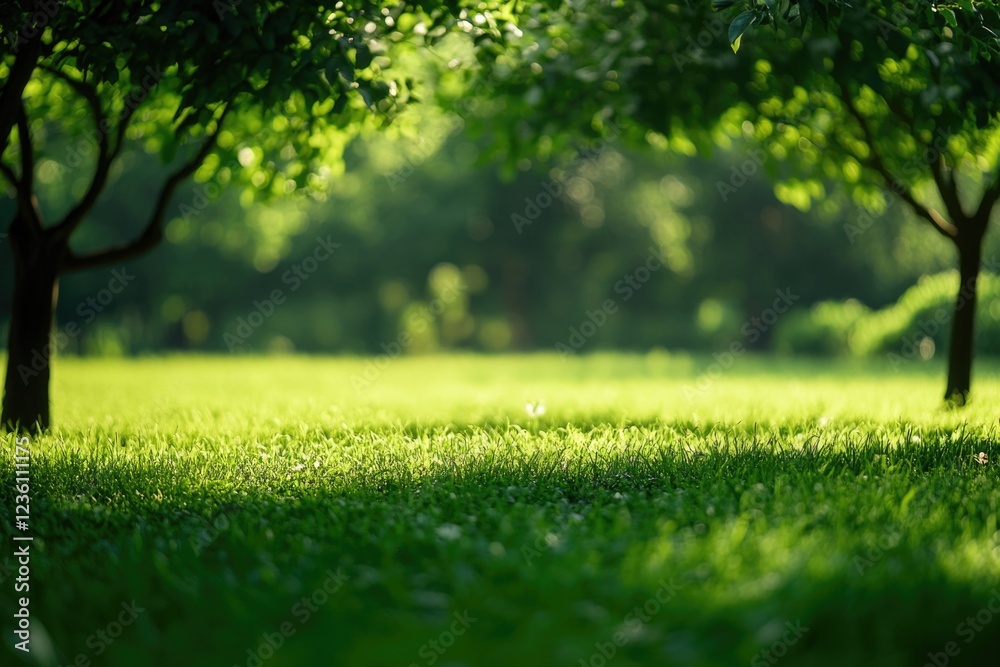 Poster a serene image of a green lawn with trees in the background, perfect for use in nature-inspired desi