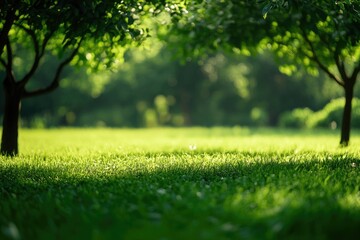 Naklejka premium A serene image of a green lawn with trees in the background, perfect for use in nature-inspired designs or as a peaceful backdrop
