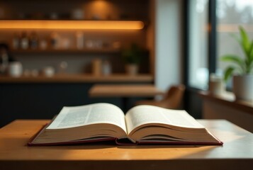 Open book resting on a wooden table in a sunlit cafe setting