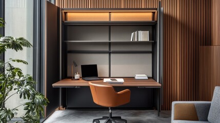 Flexible home office setup featuring a foldable desk and sliding partition for a seamless work-life balance.