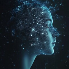 Obraz premium Closed eyes thinking of ideas Tiny holograms dot light all around.
