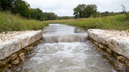 Creek flows through stone channel, rural landscape