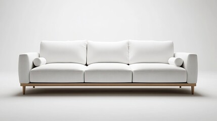 Fototapeta premium Modern white sofa with wooden frame isolated on white background showcasing contemporary furniture design