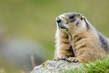 A groundhog sitting on the top of a rocky outcropping, looking around