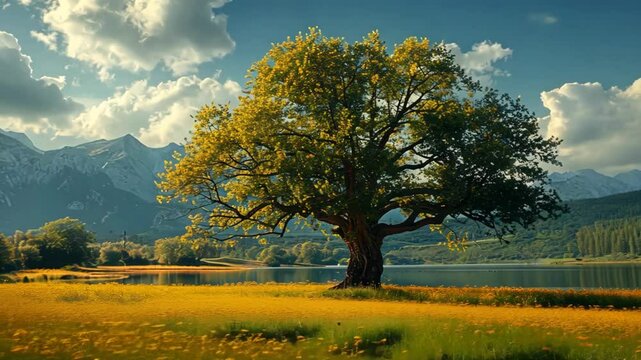 a lone tree on mustard yellow field with blue sky springtime background, beautiful nature peaceful place, 