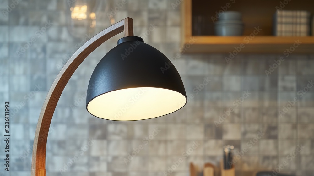 Poster a simple desk setup with a black lamp sitting on a wooden table
