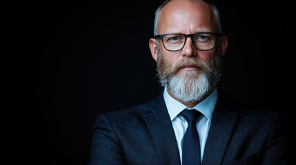 Serious businessman portrait, dark background, professional headshot, corporate website