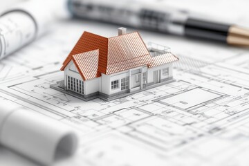 3D home design concept. A 3D model of a modern home is displayed on top of an architectural blueprint, showcasing how the digital model aligns with the detailed floor plan and design elements 