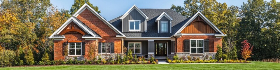 Obraz premium A classic brick home with a spacious lawn and potential for outdoor living