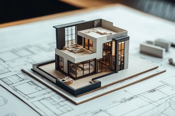 3D home design concept. A 3D model of a modern home is displayed on top of an architectural blueprint, showcasing how the digital model aligns with the detailed floor plan and design elements 