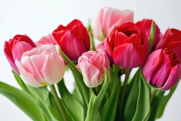 Fototapeta premium A still life photo of tulips in a vase, featuring pink and red colors