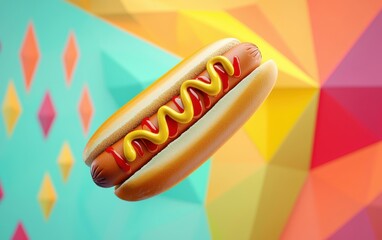 hot dog with mustard and ketchup, mid-air on an abstract geometric background
