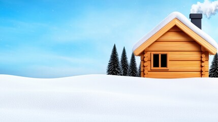 Snow Covered Wooden Cabin in Winter Landscape