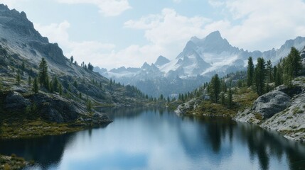 Fototapeta premium Serene mountain lake surrounded by rocky peaks and evergreen trees in a picturesque alpine landscape