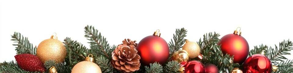 A collection of Christmas ornaments sits atop a festive holiday tree