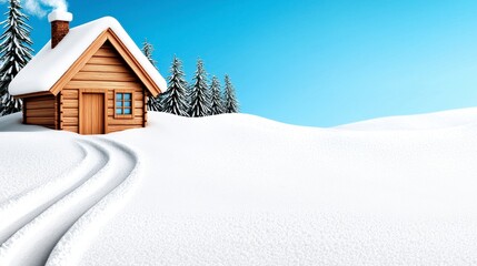 Fototapeta premium Snowy Landscape with Rustic Wooden Cabin and Tire Tracks