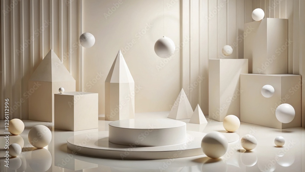 Aufkleber minimalist geometric scene with suspended spheres and a podium for product display