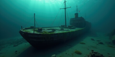 Obraz premium A hauntingly beautiful underwater view of a shipwreck, illustrating nature's reclamation of man-made structures. Perfect for marine conservation and adventure themes.