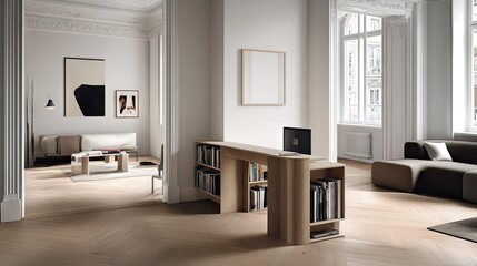 Fototapeta premium Modular desk integrated into a stylish open-concept apartment with neutral colors and natural materials.