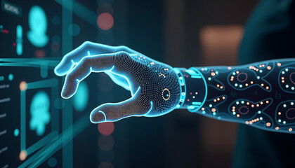 Technological fusion: a robotic arm with holographic elements on the background of a digital interface, symbolizing the future of technology, artificial intelligence and cybernetic interaction.