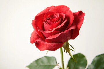 A single red rose placed in a vase with green leaves, ready for use