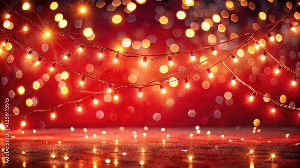 Aufkleber warm yellow lights draped over a red background with a sparkling surface