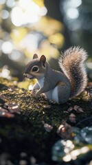 Fototapeta premium Squirrel on a mossy log in a forest, a nature shot, for wildlife illustration.