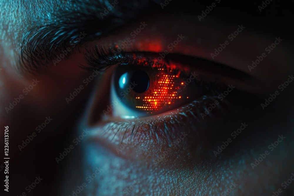 Poster a close-up view of a person's eye featuring a bright red dot, perfect for representing alertness or 